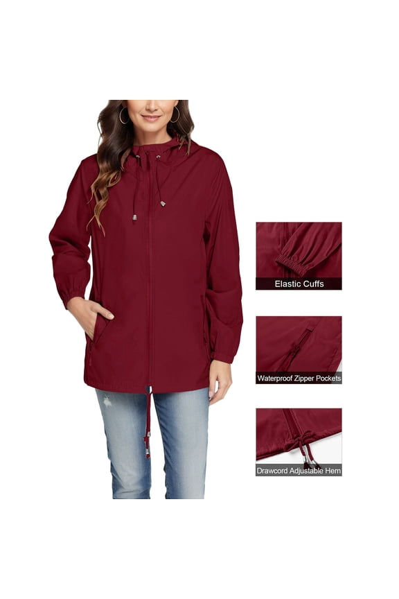 Women's Packable Rain Jacket - Waterproof Windbreaker with Adjustable Hood & Zipper Pockets for Hiking Outdoor Gear,XXL,Wine