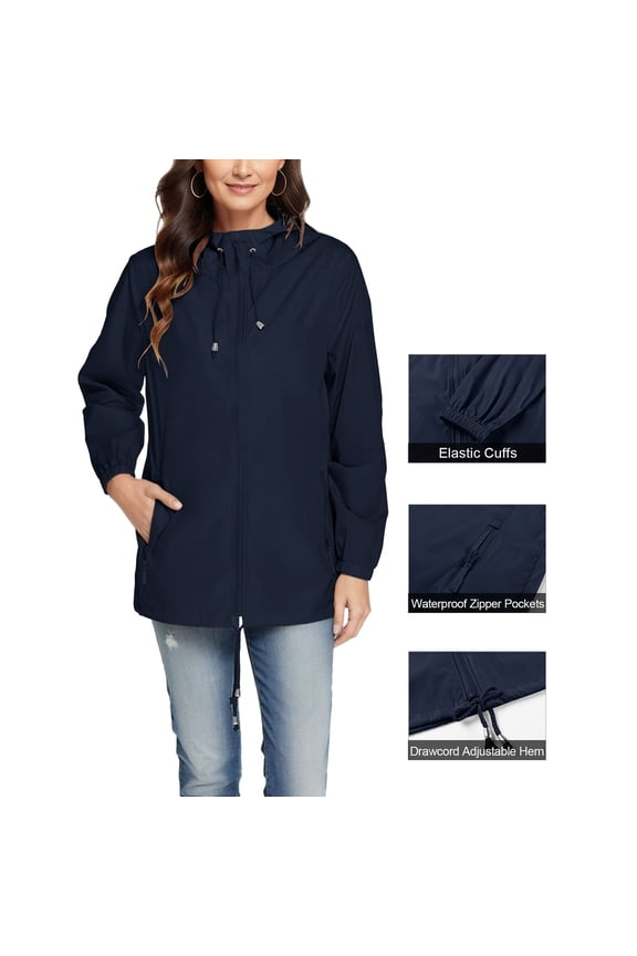 Women's Packable Rain Jacket - Waterproof Windbreaker with Adjustable Hood & Zipper Pockets for Hiking Outdoor Gear,XXXL,Dark Blue