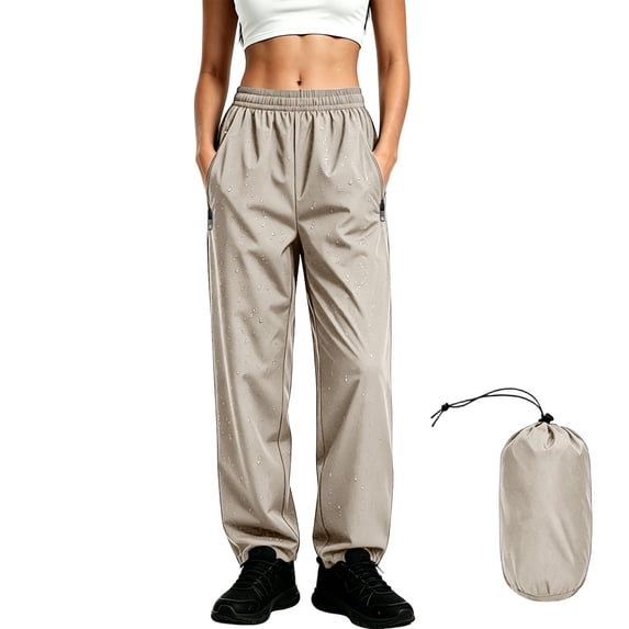 APEXFWDT Women's Packable Rain Pants Lightweight Nylon Waterproof Hiking Fishing Pants Elastic Waist Casual Pant for Outdoor,XL,Khaki