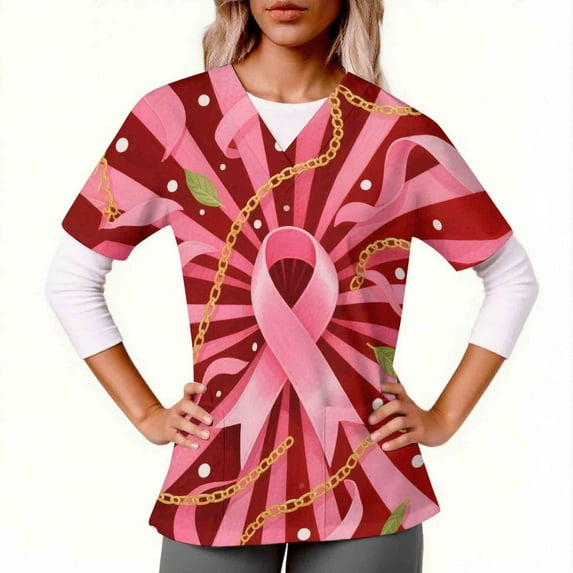 APEXFWDT Women's Pink Ribbon Scrub Top Nurse Uniform Short Sleeve V-Neck Top Breast Cancer Awareness Scrub Top with Pockets,XXL,Red