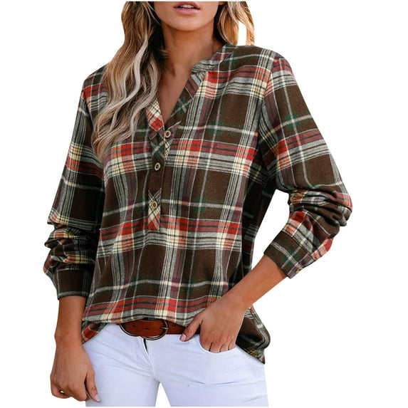 APEXFWDT Women's Plaid Button Down Shirt Long Sleeve Casual Dressy Shirt Checked Lightweight Shirt Jacket,L,Brown