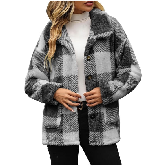 APEXFWDT Women's Plaid Fleece Jacket Cardigan Button-Down Collared Warm Fall/Winter Coat with Pockets, Cozy Outerwear,L,Gray