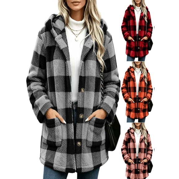 APEXFWDT Women's Plaid Fleece Jacket Fuzzy Hooded Button Front Long Sleeve Coat Winter Hooded Jacket with Pockets