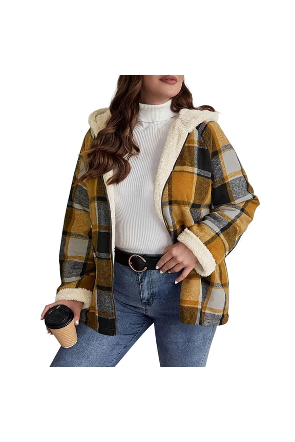 Women's Plaid Fleece-Lined Jacket Shearling Loose Hooded Zip-Up Coat Fall Winter Warm Outerwear for Casual Gatherings,S,Yellow