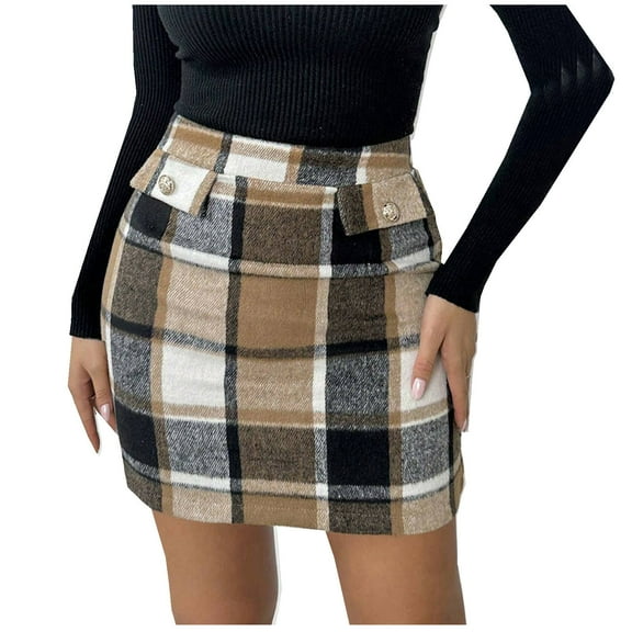 APEXFWDT Women's Plaid Mini Skirt High-Waisted Short Skirt with Back Zipper, Cute Casual Fashion Outfit,L,Khaki