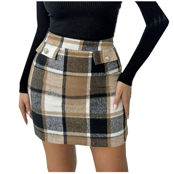 APEXFWDT Women's Plaid Mini Skirt High-Waisted Short Skirt with Back Zipper, Cute Casual Fashion Outfit,XXL,Khaki