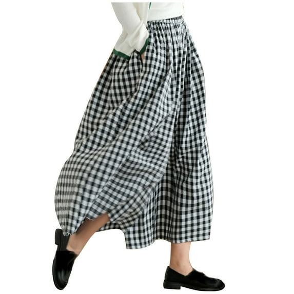 APEXFWDT Women's Plaid Palazzo Skirt Pants 7/8 Length Elastic Waist Flowy Pants with Side Slant Pockets,M,Black