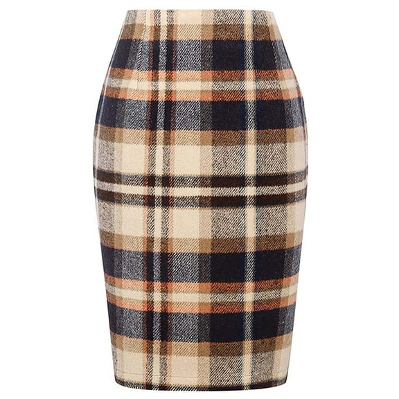 APEXFWDT Women's Plaid Print High Waist Skirt Knee Length Bodycon Pencil Skirt Midi Skirts for Women 2023 Fall Winter Wool Blend Skirt
