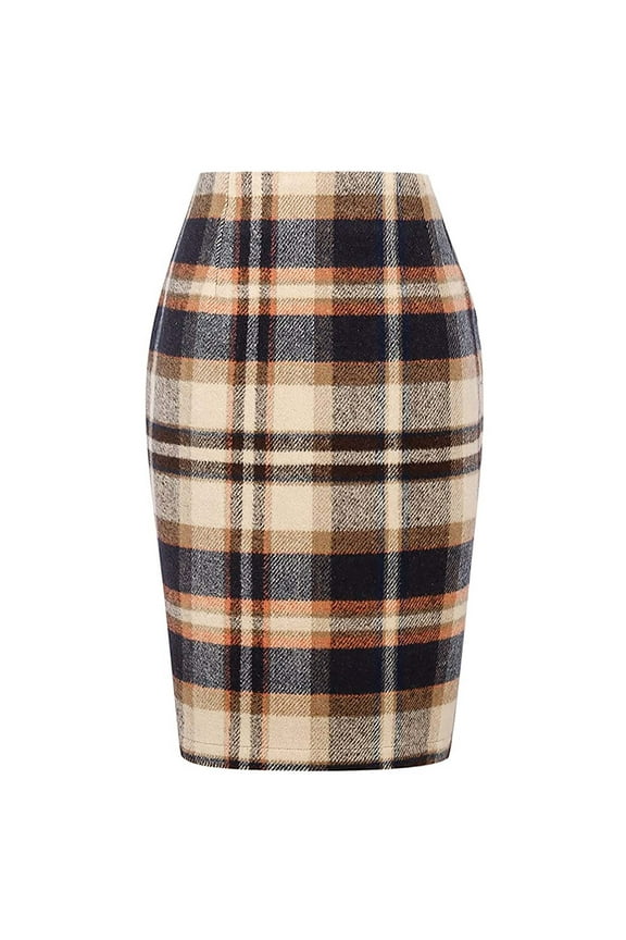 APEXFWDT Women's Plaid Print High Waist Skirt Knee Length Bodycon Pencil Skirt Midi Skirts for Women 2023 Fall Winter Wool Blend Skirt