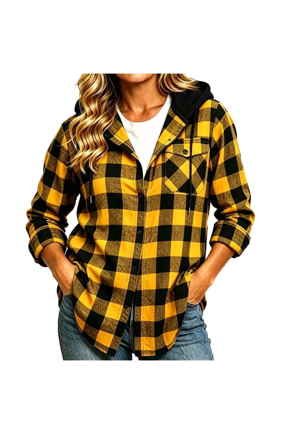 Women's Plaid Shirts Jackets Long Sleeve Button Front Hoodie Casual Boyfriend Tops with Pockets,XXL,Yellow