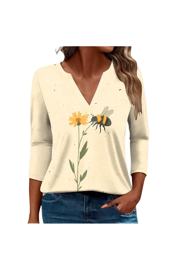 Women's Plus Size Bee Print Top - 3/4 Sleeve Graphic Tee Cute V-Neck T-Shirt for Picnics & Farmers Market Outings,XXXXL,C