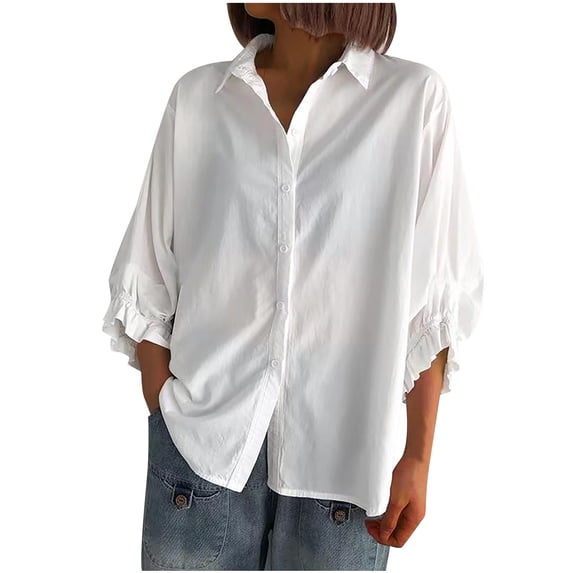 APEXFWDT Summer Tops for Women Women's Plus Size Button Down Shirt 3/4 Lantern Sleeve Casual Dressy Work Top Solid Loose Fit V Neck Plain Shirt,XXXXL,White