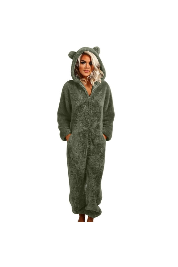 Women's Plus Size Fleece Fuzzy Onesie Pajamas Warm Romper Sleepwear Zipper Hooded Playsuit Loungewear for Lazy Weekends,XXXL,Army Green