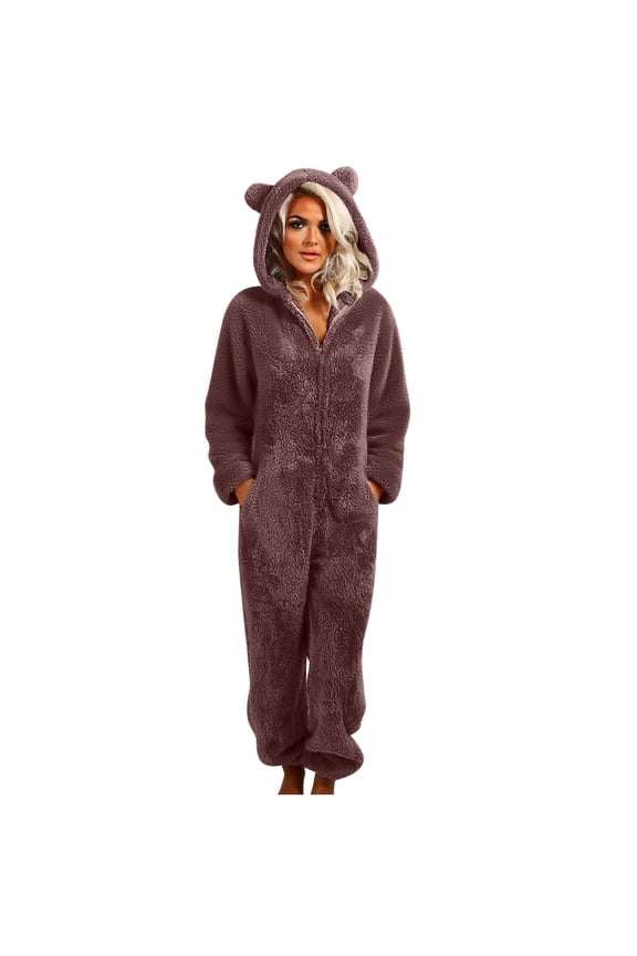 Women's Plus Size Fleece Fuzzy Onesie Pajamas Warm Romper Sleepwear Zipper Hooded Playsuit Loungewear for Lazy Weekends,XXXXL,Brown