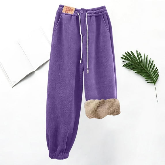 APEXFWDT Women's Plus Size Fleece Sweatpants Casual Drawstring Cuffed Jogger Pants with Pockets Winter Warm Pants for Cold-Day Grocery Runs,L,Purple
