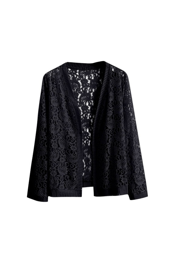 Women's Plus Size Lace Cardigan Sheer Long Sleeve Cover-Up with Floral Cutouts for Dresses，XL,Black