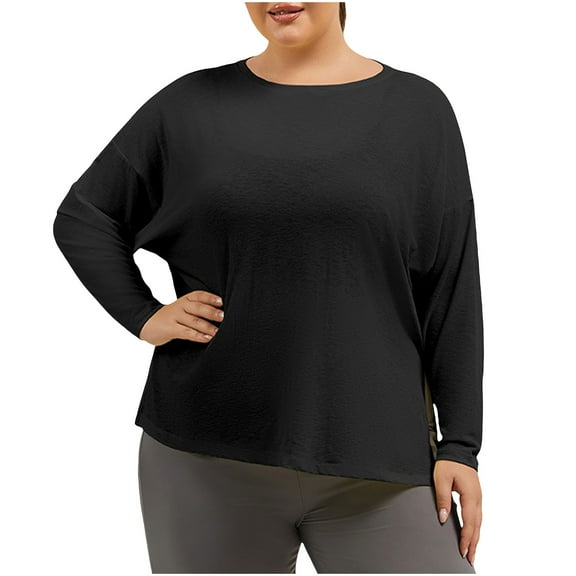 APEXFWDT Women's Plus Size Long Sleeve T-Shirt Moisture-Wicking Athletic Top with Side Slits for Workouts & Gym,L,Black