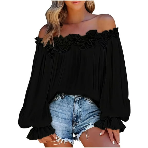 APEXFWDT Women's Plus Size Off Shoulder Blouse 1X-5XL - Bell Sleeve Ruffle Top with Elasticized Neckline Evening Party Wear,XXXXL,Black