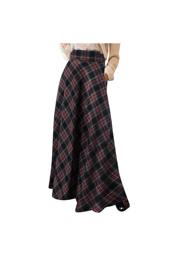 Women's Plus Size Plaid Skirt High-Waisted A-Line Maxi Skirt Fll Winter Elegant Floor-Length Flared Skirt,S,Black