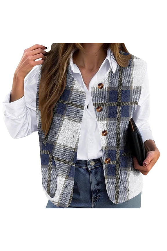 Women's Plus Size Plaid Vest Button Down Sleeveless Flannel Jacket Collarless Casual Outerwear for Layering Under Jackets & Office Lunches