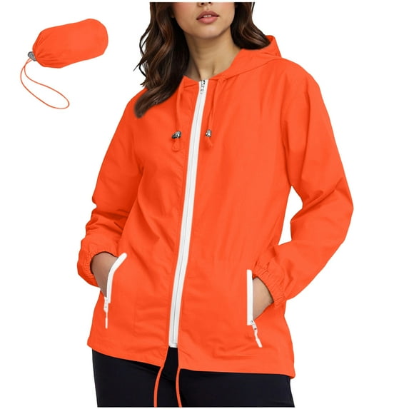 APEXFWDT Women's Plus Size Rain Jacket Waterproof Lightweight Packable Zip-Up Hooded Coat Practical Rainwear with Zip Pockets,L,Orange