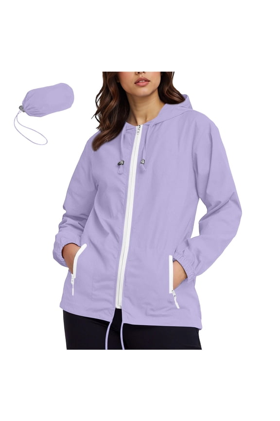 Women's Plus Size Rain Jacket Waterproof Lightweight Packable Zip-Up Hooded Coat Practical Rainwear with Zip Pockets,S,Purple
