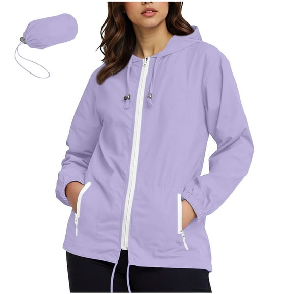 APEXFWDT Women's Plus Size Rain Jacket Waterproof Lightweight Packable Zip-Up Hooded Coat Practical Rainwear with Zip Pockets,XXXXXL,Purple