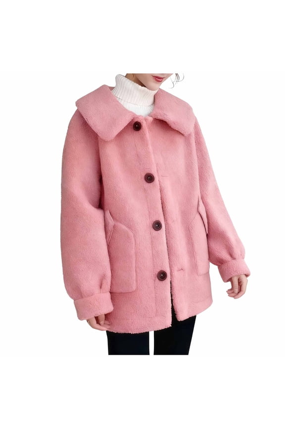 Women's Plus Size Sherpa Fleece Jacket Button Down Peter Pan Collar Warm Coat Loose Casual Warm Outerwear with Pockets for Weekend Shopping,M,Pink