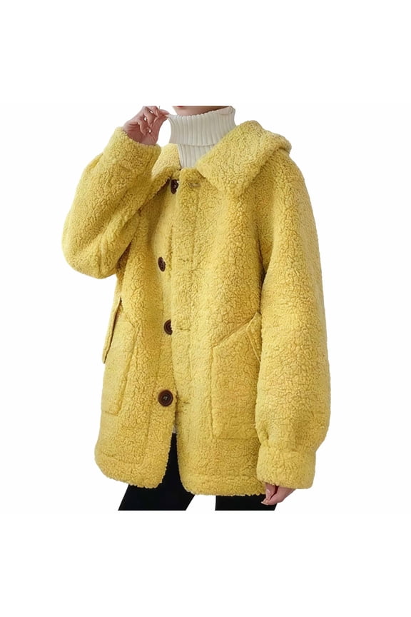 Women's Plus Size Sherpa Fleece Jacket Button Down Peter Pan Collar Warm Coat Loose Casual Warm Outerwear with Pockets for Weekend Shopping,M,Yellow