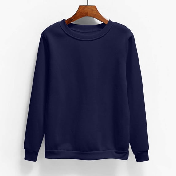 APEXFWDT Women's Plus Size Solid Crewneck Sweatshirt Relaxed Fit Long Sleeve Pullover with Ribbed Hem & Cuffs,L,Navy