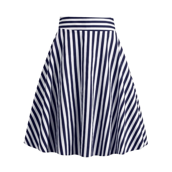 APEXFWDT Women's Plus Size Striped Pleated Skirt Vintage A-Line Swing Skirt Casual Elegant Elastic Waist Skirt,XXXXL,Navy