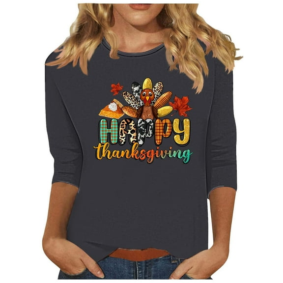 APEXFWDT Women's Plus Size Thanksgiving T-Shirt - 3/4 Sleeve Crew Neck Turkey Print Casual Tee, Festive Daily Wear,XXXL,Dark Gray