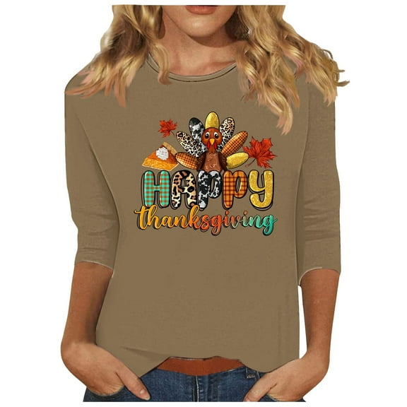 APEXFWDT Women's Plus Size Thanksgiving T-Shirt - 3/4 Sleeve Crew Neck Turkey Print Casual Tee, Festive Daily Wear,XXXL,Khaki