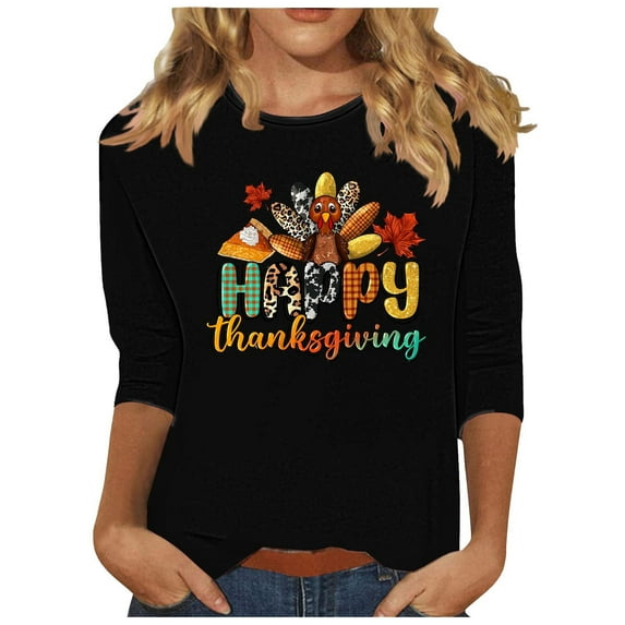 APEXFWDT Women's Plus Size Thanksgiving T-Shirt - 3/4 Sleeve Crew Neck Turkey Print Casual Tee, Festive Daily Wear,XXXXL,Black