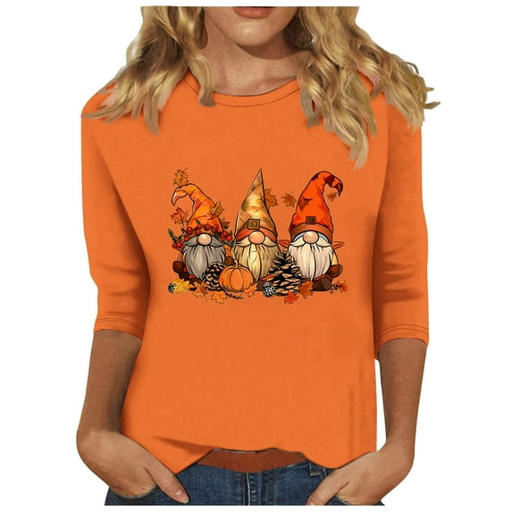 APEXFWDT Women's Plus Size Thanksgiving T-Shirt 3/4 Sleeve Cute Gnome Print Casual Tee Festive Loungewear,XL,Orange