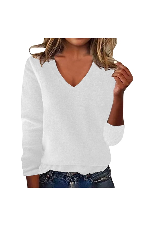 Women's Plus Size V-Neck Sweater Basic Cable Knit Pullover Top Long Sleeve Casual Sweater for Office Casual & Layered Jacket,XXL,White