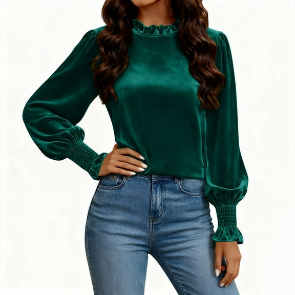 APEXFWDT Women's Plus Size Velvet Blouse Ruffle Trim Long Sleeve Crew Neck Top Casual Dressy Top for Office Days,XXXXL,Green