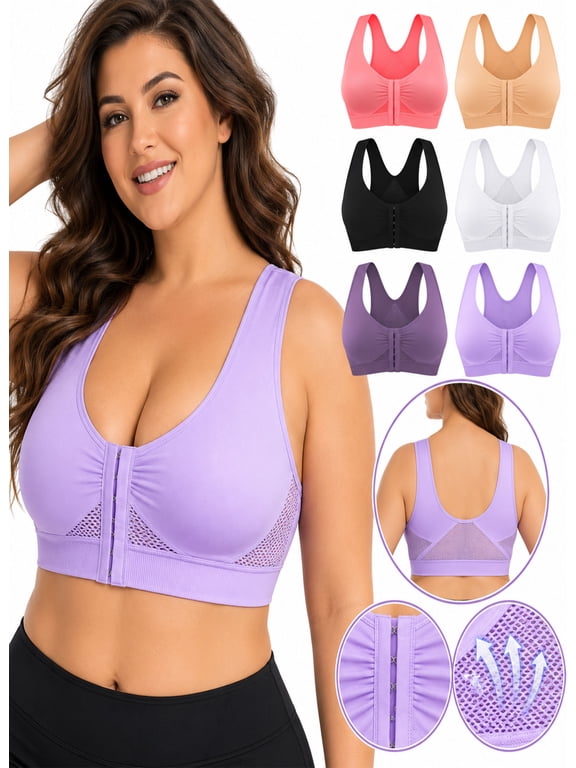Women's Plus Size Wireless Sports Bra Front-Closure Comfort Bra Light Support Yoga Bra for Daily Workouts,White