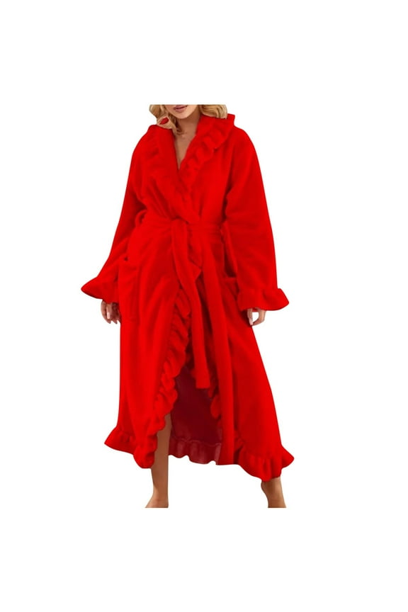 APEXFWDT Women’s Plush Fleece Robe Shawl Collar Ruffled Trim Robe Long Winter Bathrobe with Waist Tie & Pockets,M,Red