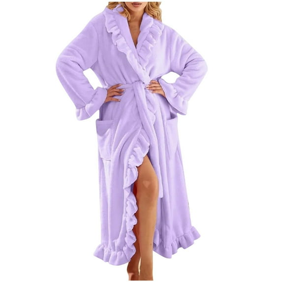 APEXFWDT Women’s Plush Fleece Robe Shawl Collar Ruffled Trim Robe Long Winter Bathrobe with Waist Tie & Pockets,XL,Purple