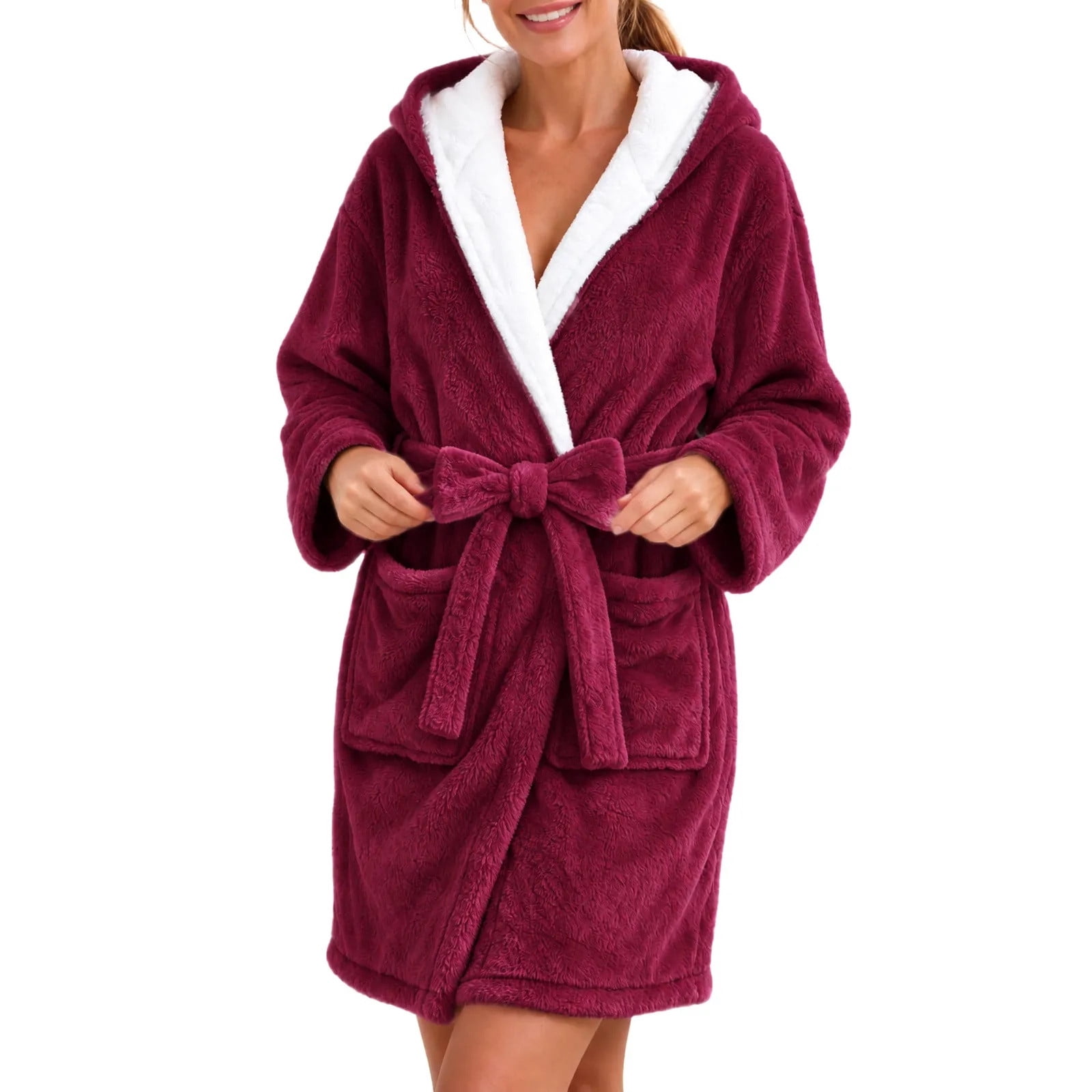 APEXFWDT Women's Plush Hooded Robe Soft Fleece Bathrobe Long Sleeve Tie ...