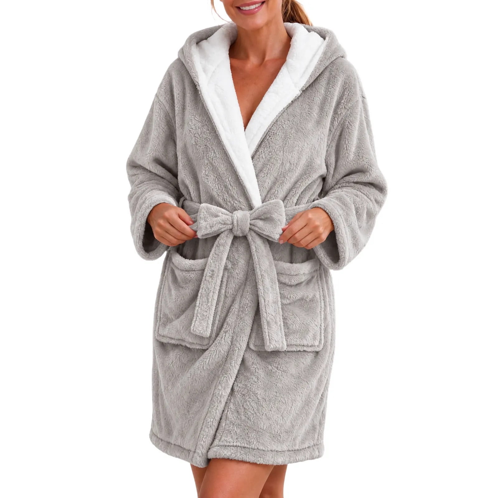 APEXFWDT Women's Plush Hooded Robe Soft Fleece Bathrobe Long Sleeve Tie ...