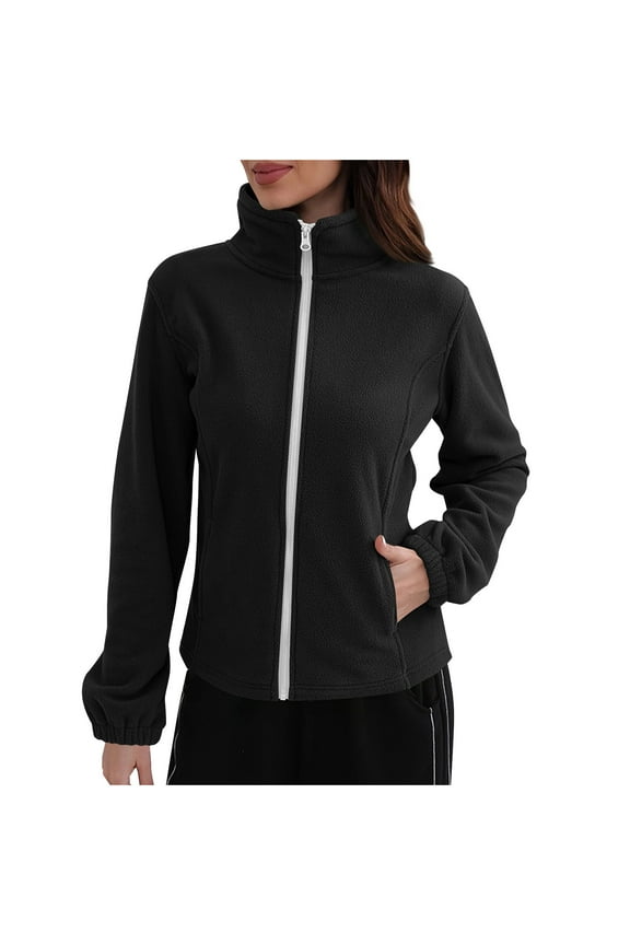 APEXFWDT Women's Polar Fleece Warm Jacket Zip-Up Stand Collar Basic Casual Outerwear, Versatile Layering Coat,XXL,Black
