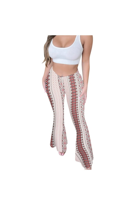APEXFWDT Women's Print Stretch Bell Bottom Pants Flare Yoga Leggings High Waisted Boho Palazzo Wide Leg Pants Trousers