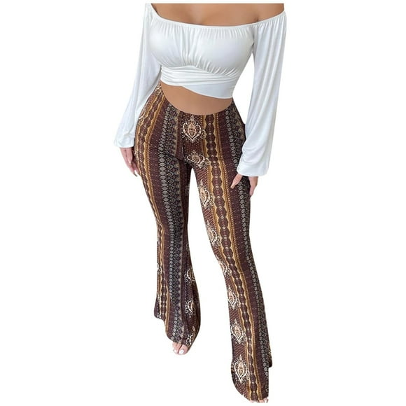 APEXFWDT Women's Print Stretch Bell Bottom Pants Flare Yoga Leggings High Waisted Boho Palazzo Wide Leg Pants Trousers