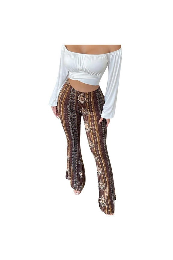 APEXFWDT Women's Print Stretch Bell Bottom Pants Flare Yoga Leggings High Waisted Boho Palazzo Wide Leg Pants Trousers