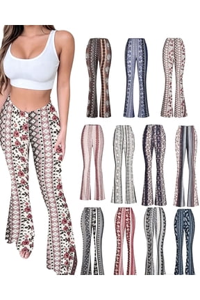 APEXFWDT Women's Print Stretch Bell Bottom Pants Flare Yoga Leggings High Waisted Boho Palazzo Wide Leg Pants Trousers