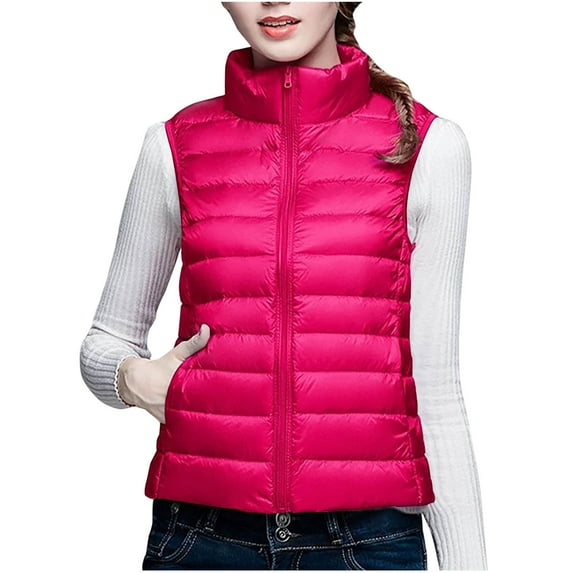 APEXFWDT Women's Puffer Vest Lightweight Sleeveless Zip-Up Stand Collar Jacket with Pockets, Warm Outerwear,XL,Hot Pink