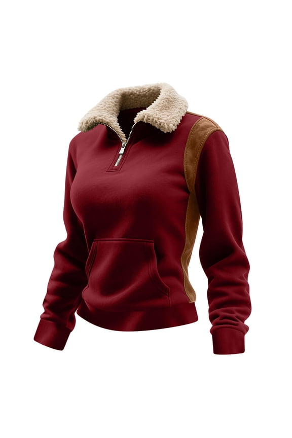 APEXFWDT Women's Quarter-Zip Pullover Shearling Stand Collar Light-Fleece Sweatshirt Long Sleeve Color Block Top with Pockets, for Casual Gatherings