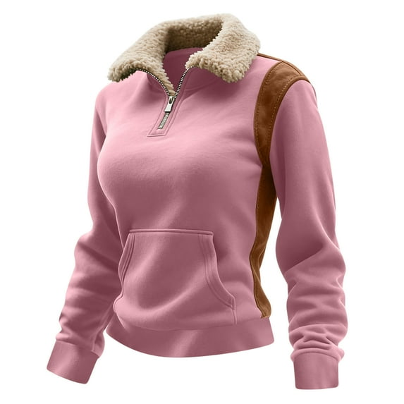 APEXFWDT Women's Quarter-Zip Pullover Shearling Stand Collar Light-Fleece Sweatshirt Long Sleeve Color Block Top with Pockets, for Casual Gatherings